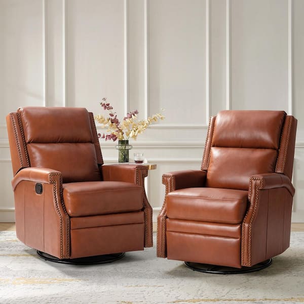 JAYDEN CREATION Dryope Genuine Leather Saddle Nursery Swivel Rocker Recliner with Nailhead Trim (set of 2)