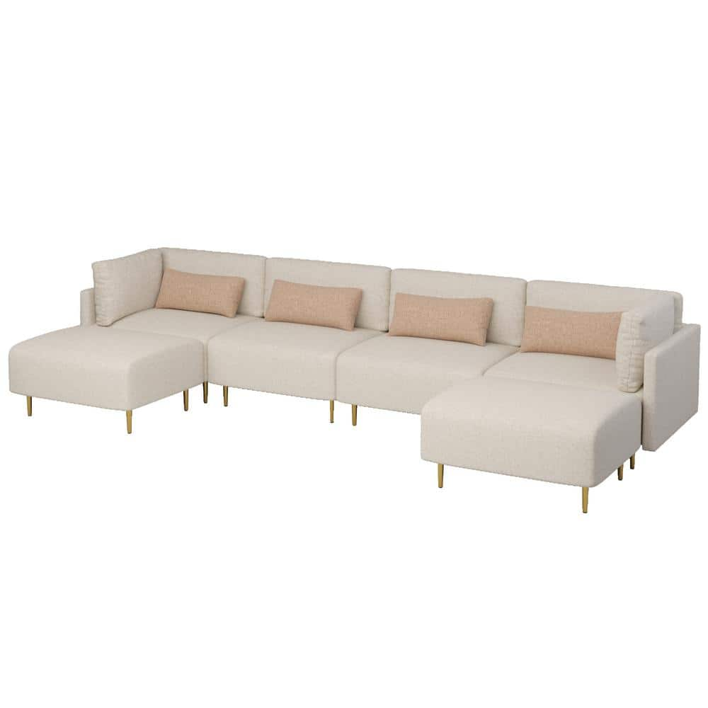 J&E Home 143.3 in. W Square Arm 6-Piece Linen U-Shaped Modern Sectional ...