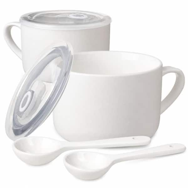 Lid & Spoon Equipped, 30 fl. oz. White, Ceramic, Soup Bowl, (Set of 2), Ideal for Summer Noodles and Daily Food Storage