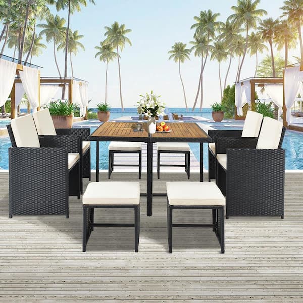 Wateday Outdoor Black 9-Piece Wicker Outdoor Dining Set with Beige Cushions