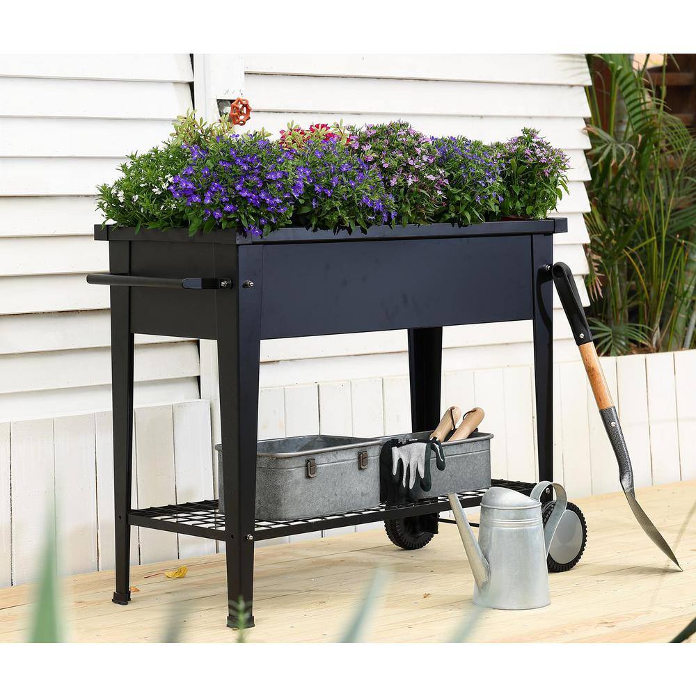 Black Metal Mobile Raised Garden Bed Planter with Wheels
