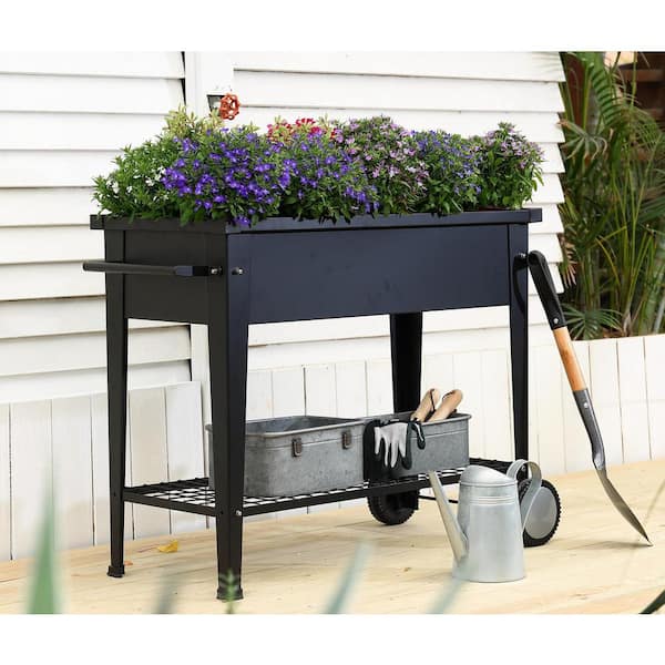 LuxenHome Black Mobile Galvanized Steel Raised Garden Bed Planter