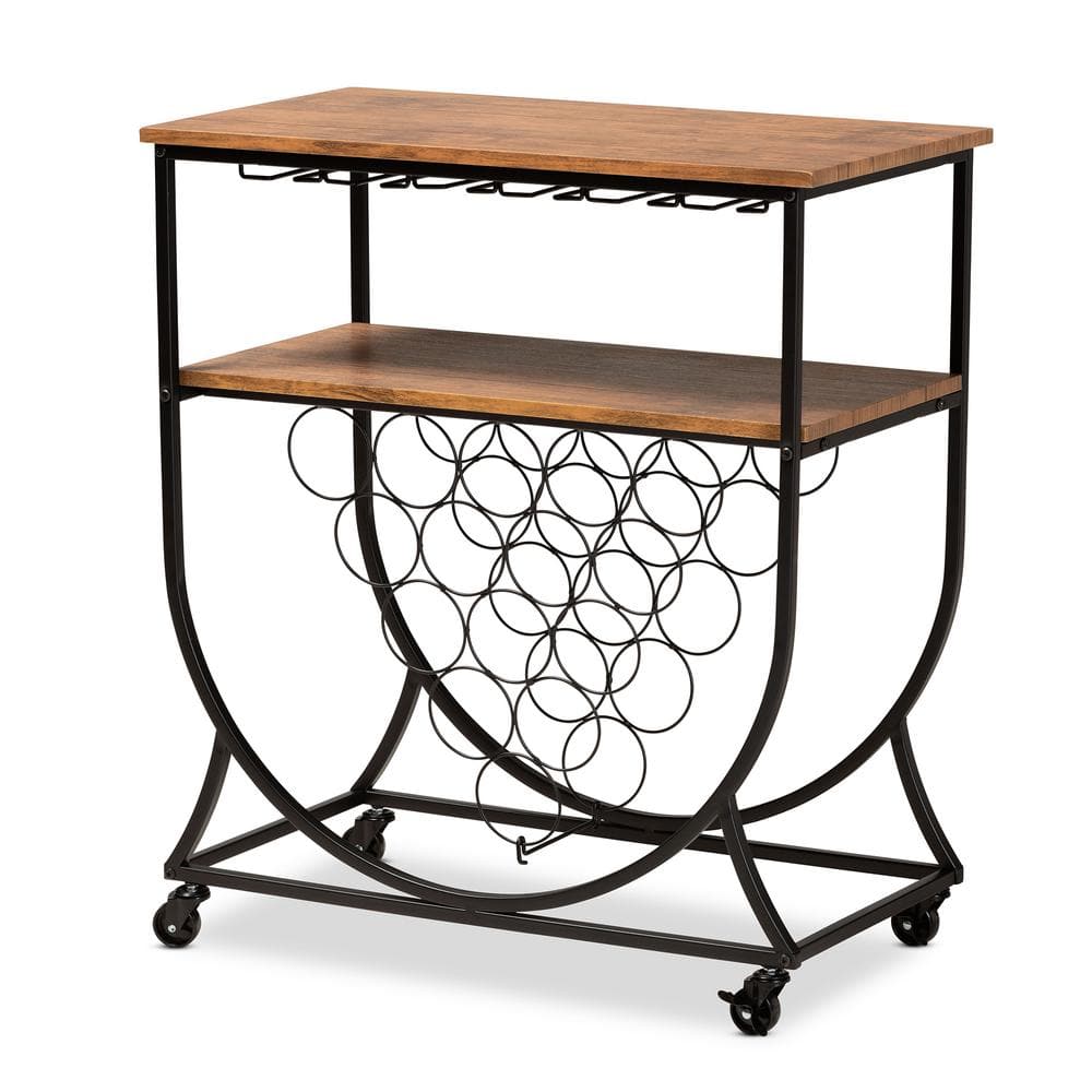 Vintage Industrial Black Metal & Walnut Wood Mobile Wine Bar Cart