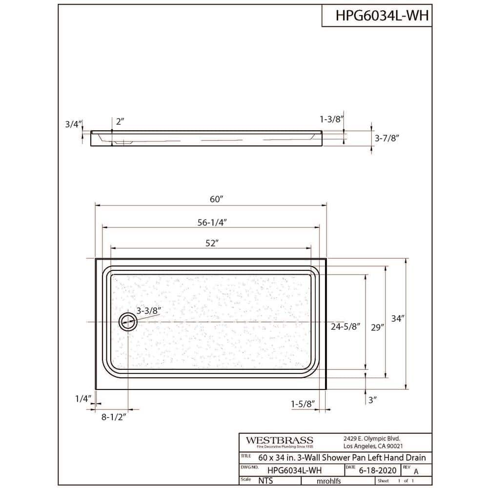 Matte Black Acrylic Rectangular Alcove Shower Pan with Brass Drain