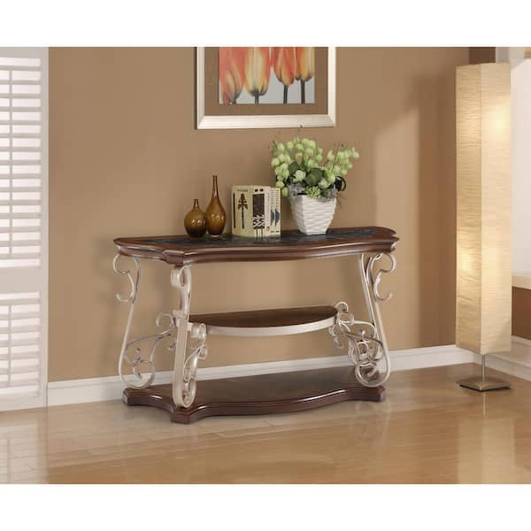 Zeus & Ruta 54 in. x 20 in. x 30 in. Sofa Table with Marble Paper Top, MDF with Birch Middle Shelf for Bedroom