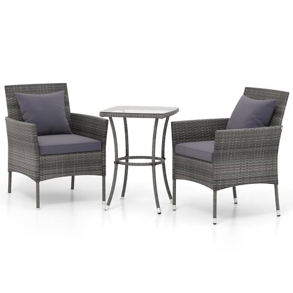 WELLFOR 3-Piece Wicker Patio Conversation Set with Gray Cushion