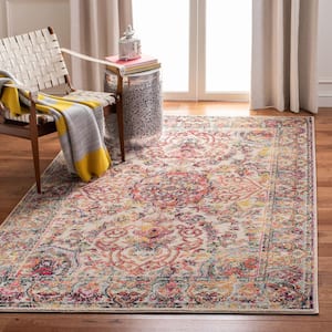 Madison Ivory/Red Doormat 3 ft. x 5 ft. Geometric Border Floral Medallion Area Rug