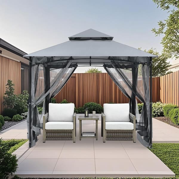 10 ft. x 10 ft. Gray Patio Metal Gazebo with Square Double Roof Soft Top and Mosquito Netting