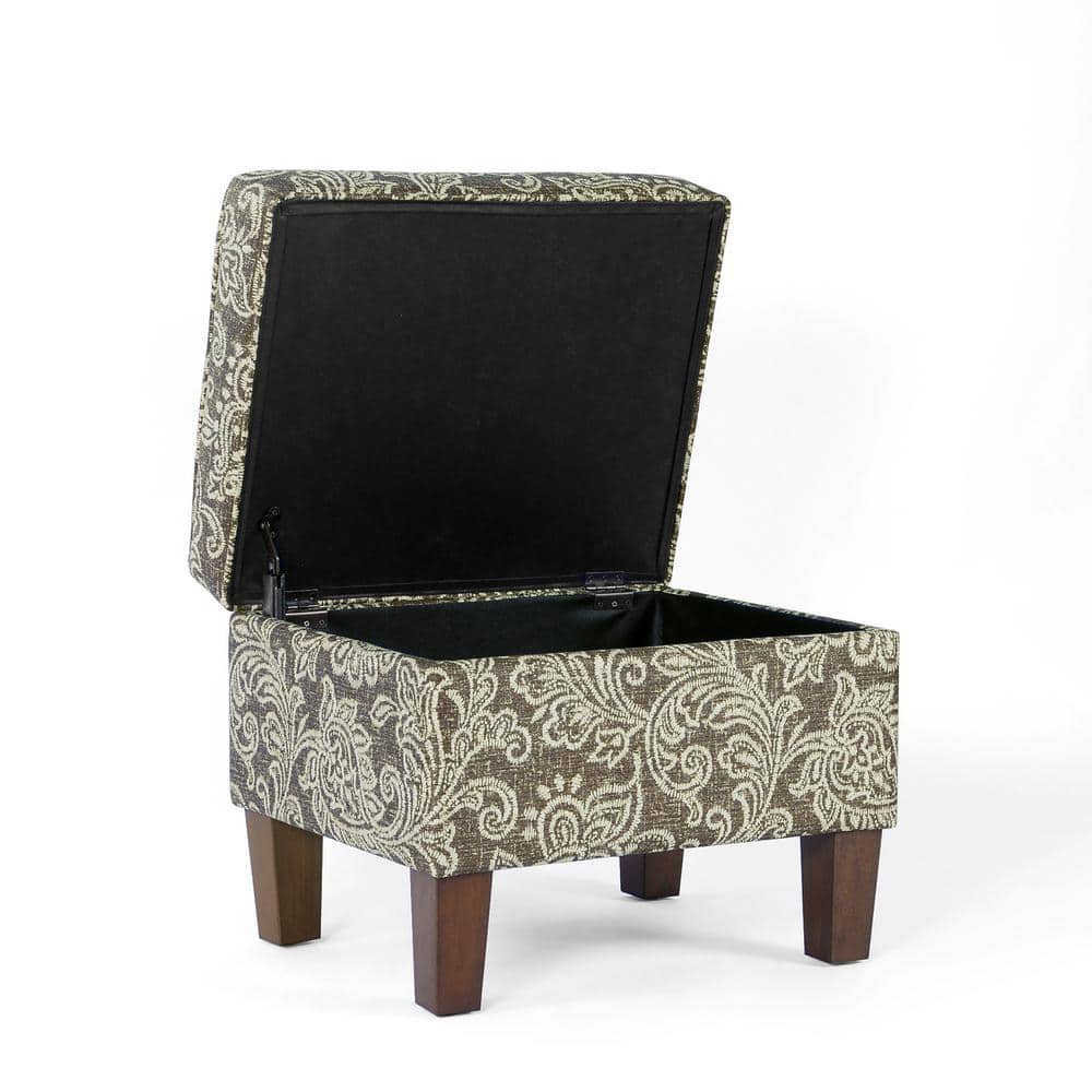 Brown Jacobean Print Upholstered Storage Ottoman with Hinged Lid
