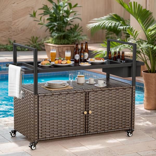 Opohoro Outdoor Bar Table Brown PE Wicker Bar Cart with Cabinet Patio Serving Cart with Tempered Glass Top