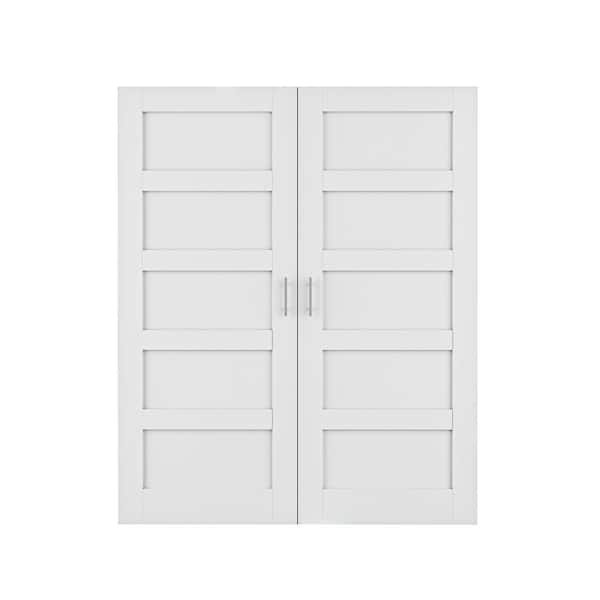64 in. x 80 in. 5 Lite Solid Core White Wood Double Door Slab Panels without Jamb Interior Bi-Fold Door With Ball Catch