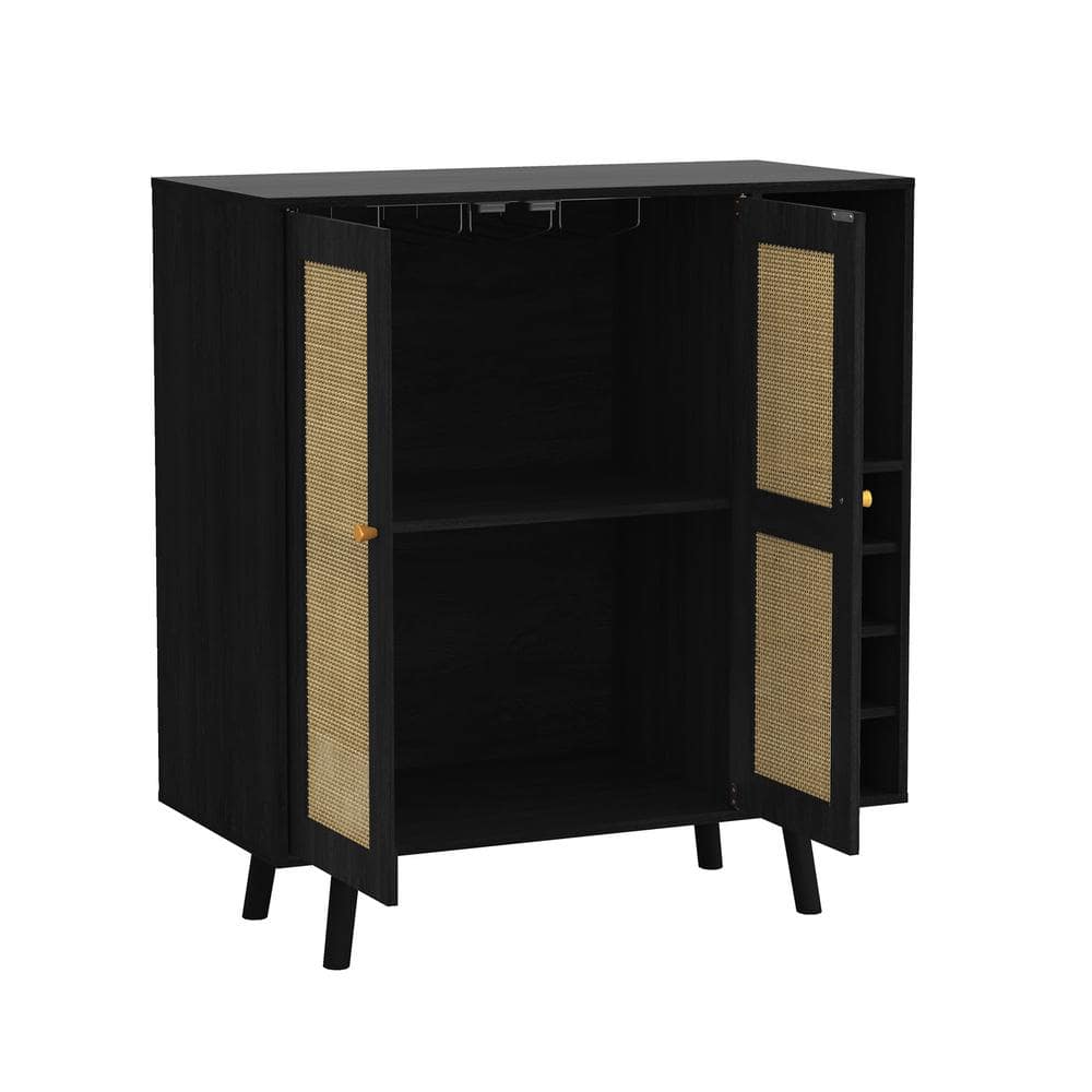Ebony and Natural Rattan Mid-Century Modern Bar Cabinet