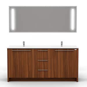 Nona 60 in.W x 20 in. D Vanity In Matte Walnut With Acrylic Top in White with Double White Basin and Mirror