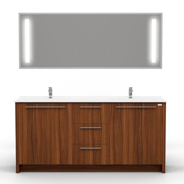 CASA MARE Nona 60 in.W x 20 in. D Vanity In Matte Walnut With Acrylic Top in White with Double White Basin and Mirror