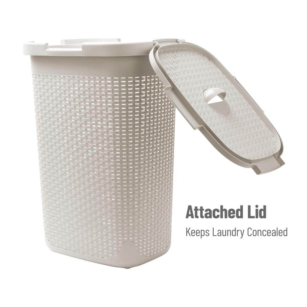 Ivory Plastic Wicker Collapsible Laundry Hamper with Wheels and Lid