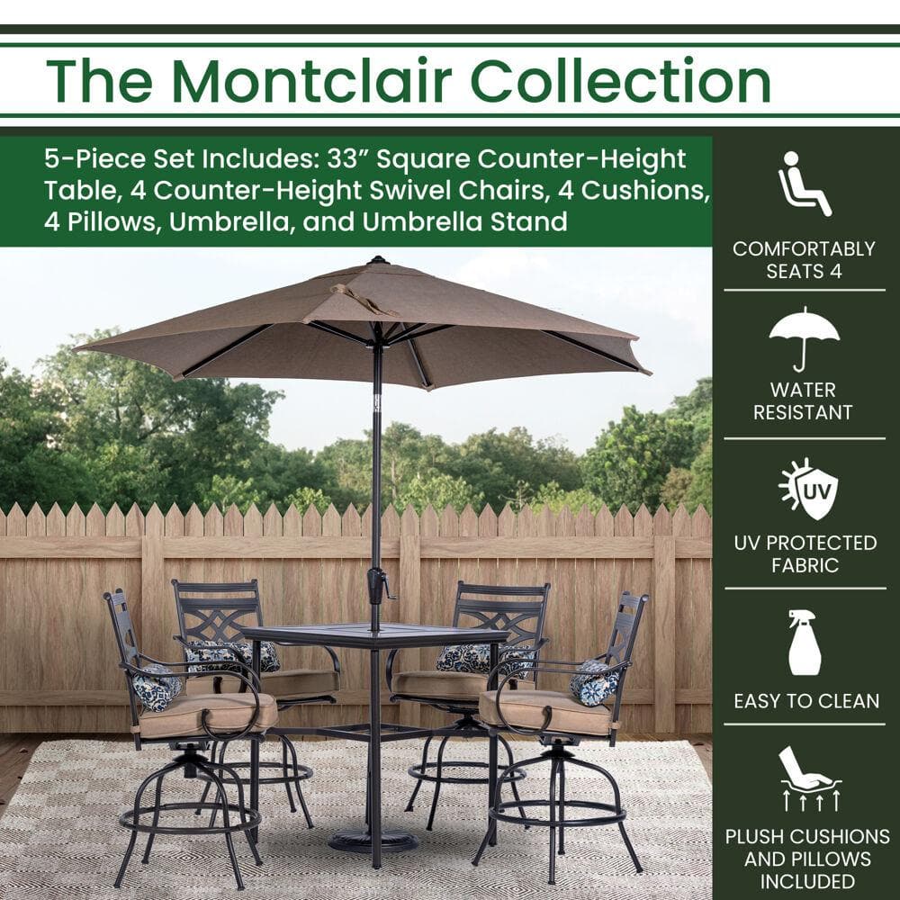 Montclair Modern 5-Piece Outdoor High-Dining Set with Swivel Chairs and Umbrella in Tan
