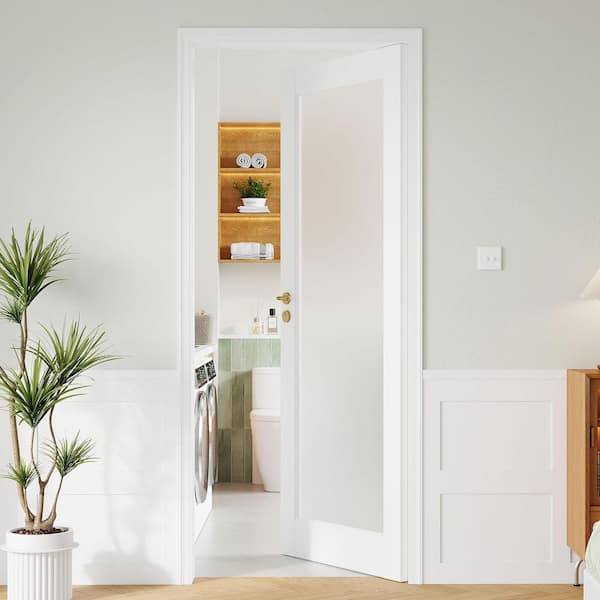 32 in. x 80 in. 1 Lite Tempered Frosted Glass Solid Core White Primed Wood Interior Door Slab