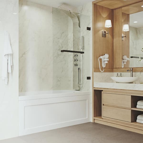 VIGO Rialto 34 in. W x 58 in. H Pivot Frameless Tub Door in Antique Rubbed Bronze with 5/16 in. (8mm) Clear Glass
