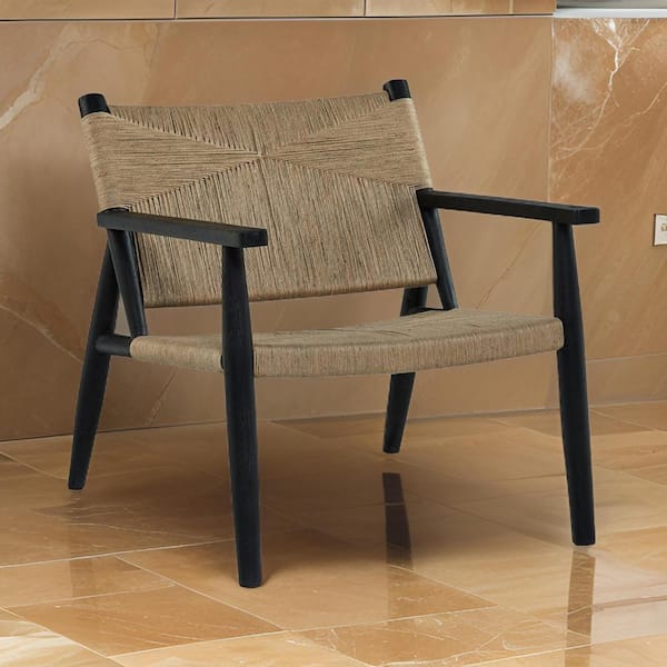 Modern Black and Natural Brown Jute Accent Chair with Curved Seat and Wood Frame