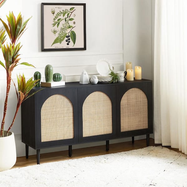 JAYDEN CREATION Mercury Contemporary 56 in. Wide Rattan 3-Doors Oak Storage Sideboard with adjustable legs and Shelves-Black