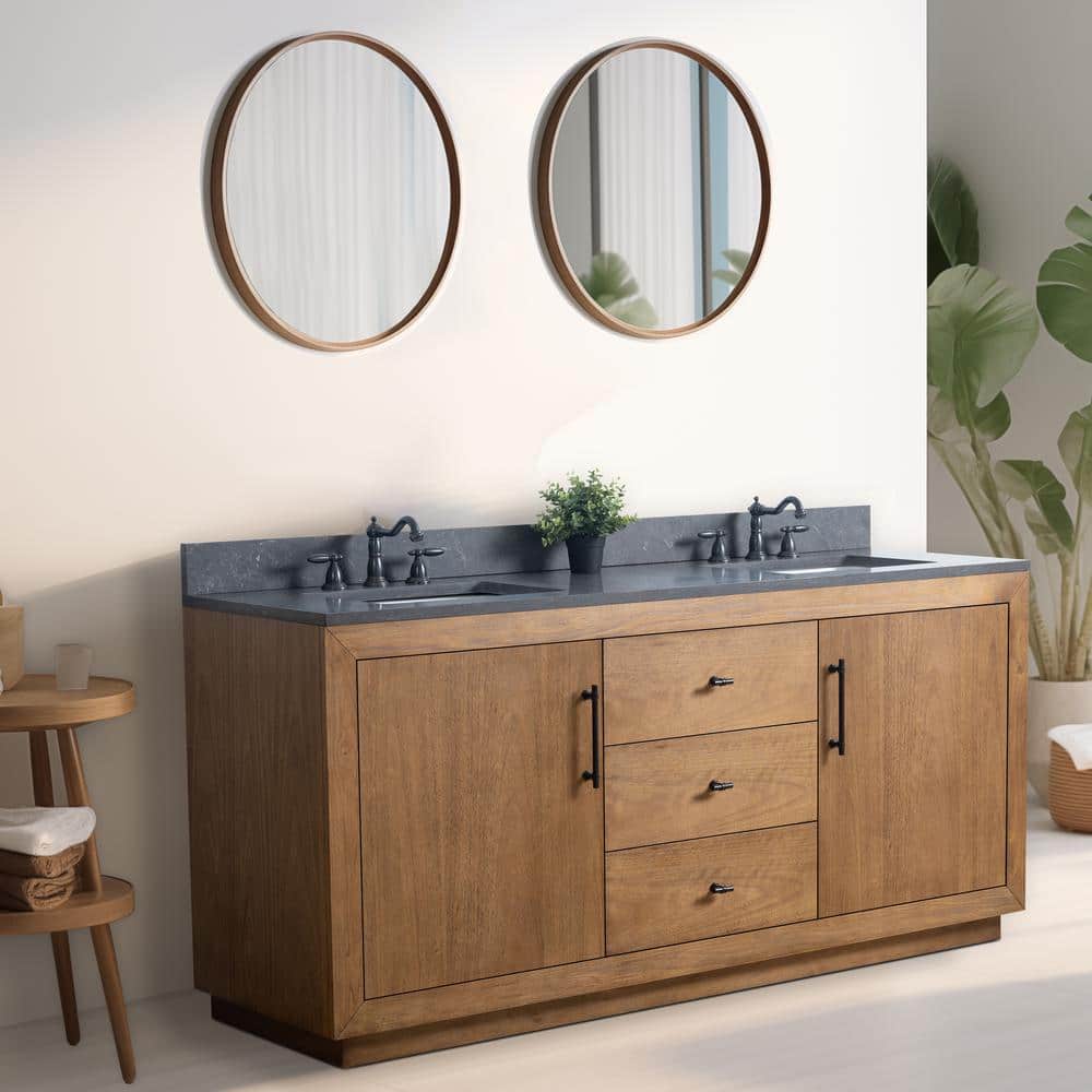 72" Tan and Black Limestone Double Sink Bathroom Vanity