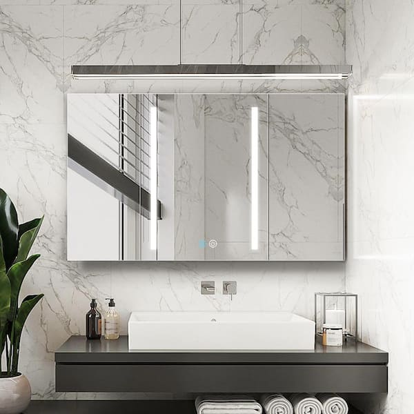 Modland 40 in. W x 30 in. H Medium Rectangular Silver Aluminum Surface Mount Medicine Cabinet with Mirror 1Left 2Right OpenDoors