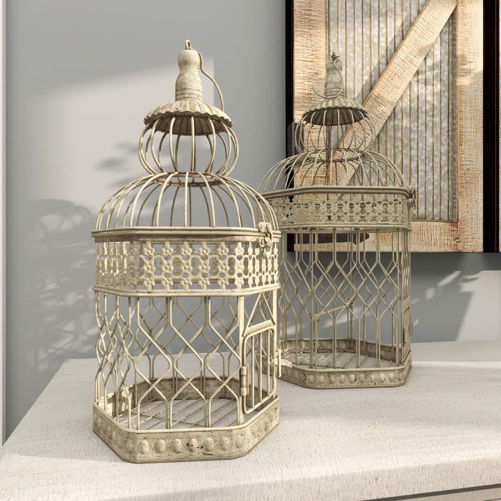 Cream Metal Birdcage Set with Floral Embossed Design, 21" and 18"