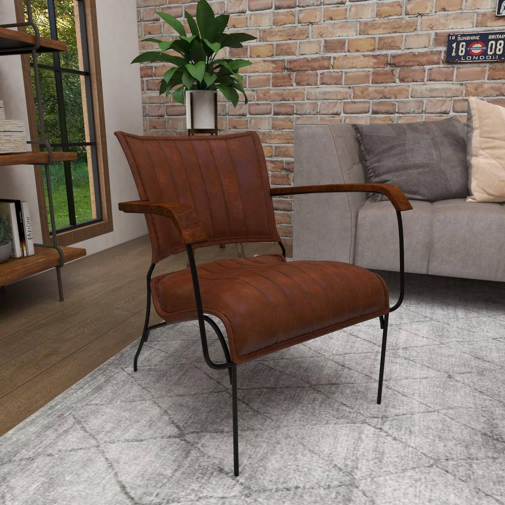 Vintage Brown Leather and Metal Accent Chair