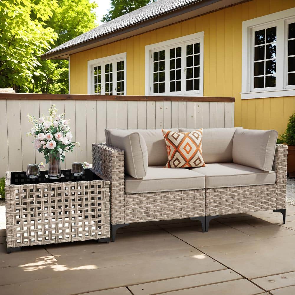 Holston 3-Piece Wicker Modern Outdoor Patio Conversation Chair Loveseat Set with a Solar-LED Table and Beige Cushions