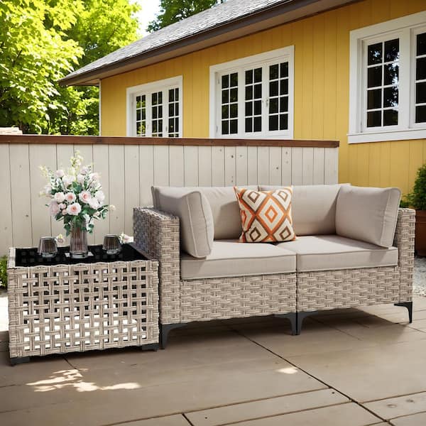 HOOOWOOO Holston 3-Piece Wicker Modern Outdoor Patio Conversation Chair Loveseat Set with a Solar-LED Table and Beige Cushions