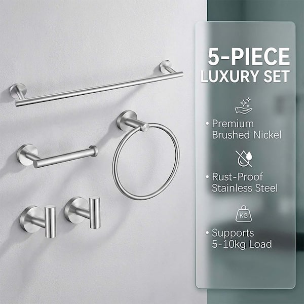 5-Piece Wall Mount Stainless Steel Bathroom Towel Rack Set in Brushed Nickel