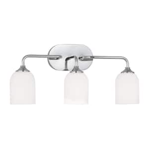 Emile Large 22 in. 3-Light Chrome Bathroom Vanity Light with Etched White Glass Shades