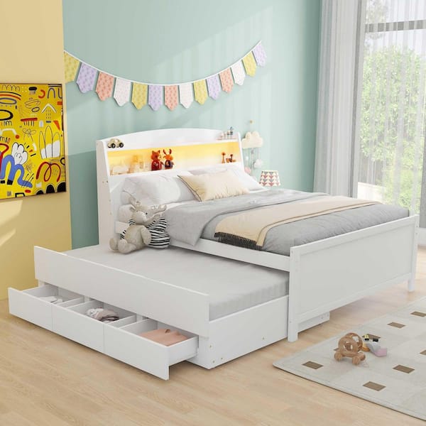White Wood Frame Full Size Platform Bed with Storage Led Headboard, Twin Size Trundle and (3-Drawers)