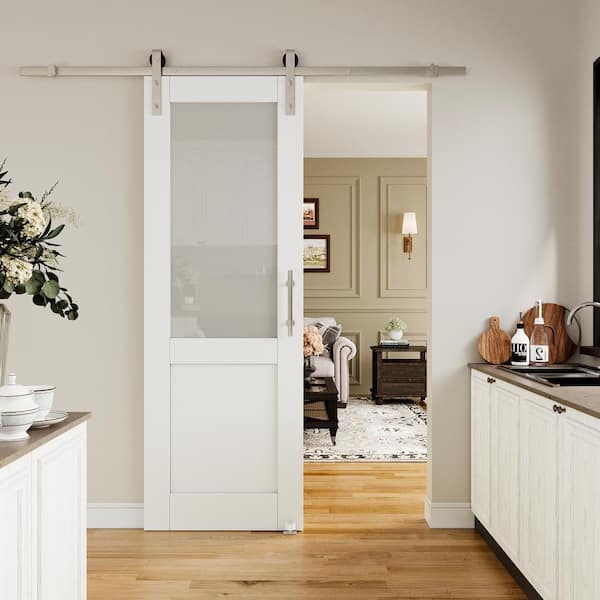 ARK DESIGN 28 in. x 80 in. 1/2-Lite Tempered Frosted Glass White Primed MDF Sliding Barn Door with Hardware Kit Nickel Plat