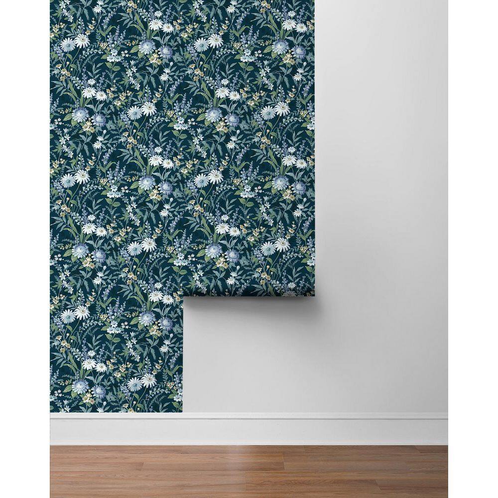 Teal and White Vinyl Floral Peel and Stick Wallpaper