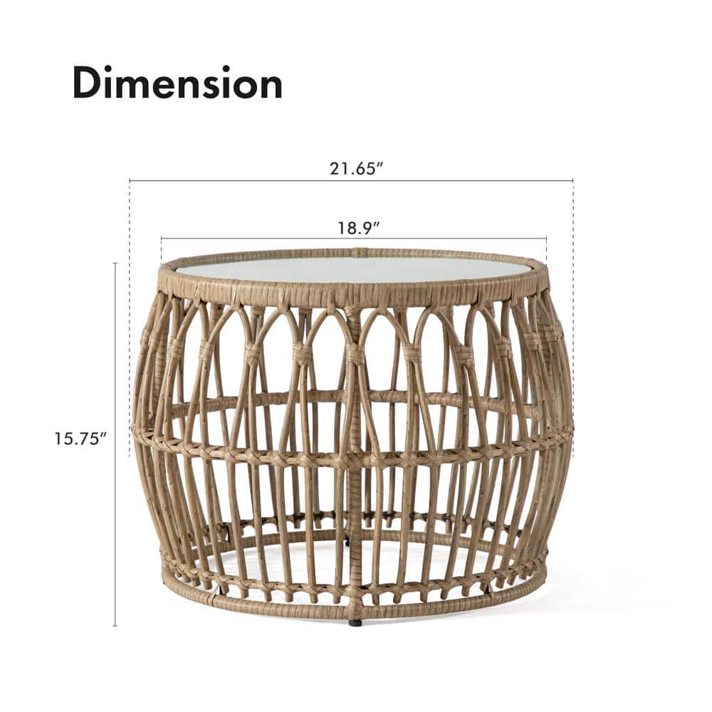 Natural Boho Rattan Round Coffee Table with Glass Top