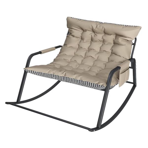 Metal Outdoor Rocking Chair with Storage, Cushions & Armrests, Breathable Ergonomic Lounge Chair in Beigei