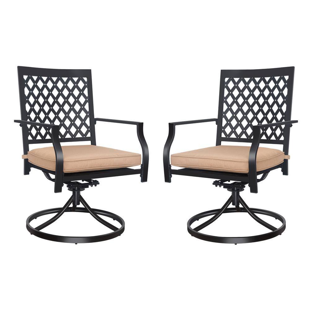 Swivel Black Metal Outdoor Rocking Chair with Beige Cushion (2-Pack)