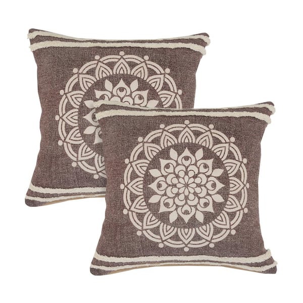 LR Home Mandala Brown Stonewashed Tufted 20 in. x 20 in. Indoor Throw Pillow Set of 2