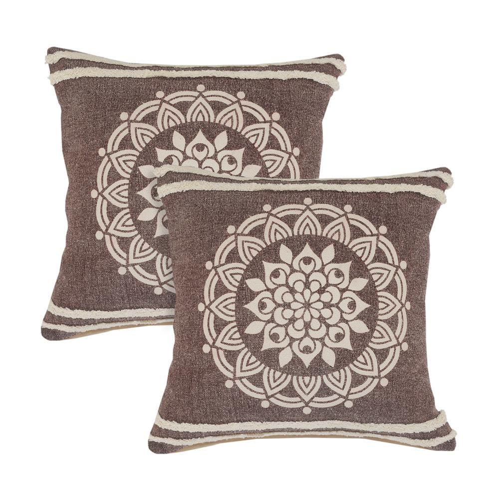 Mandala Brown Stonewashed Tufted 20 in. x 20 in. Indoor Throw Pillow Set of