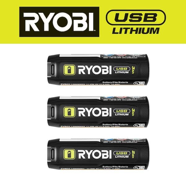 RYOBI USB Lithium 3.0 Ah Lithium-ion Rechargeable Battery (2-Pack) with USB Lithium 2.0 Ah Lithium Rechargeable Battery