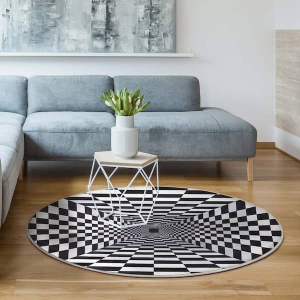 Apollo Optical Illusion Modern Geometric Black Ivory 6 ft. 7 in. Round Area Rug