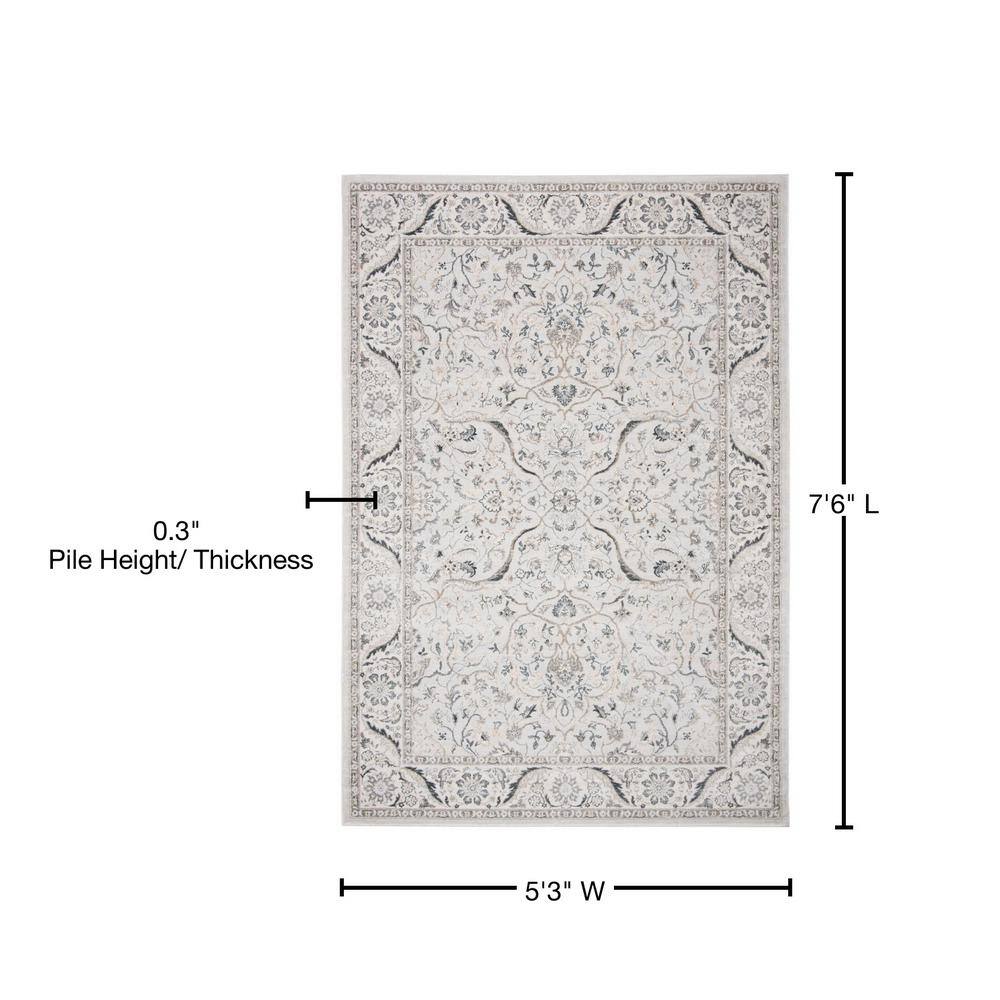 Light Grey and Cream Synthetic Floral Area Rug, 5'3" x 7'6"