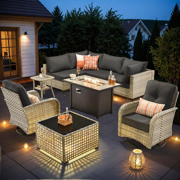 Supery Gray 9-Piece Wicker Patio Rectangle Fire Pit Conversation Set with Black Cushions and Swivel Chairs