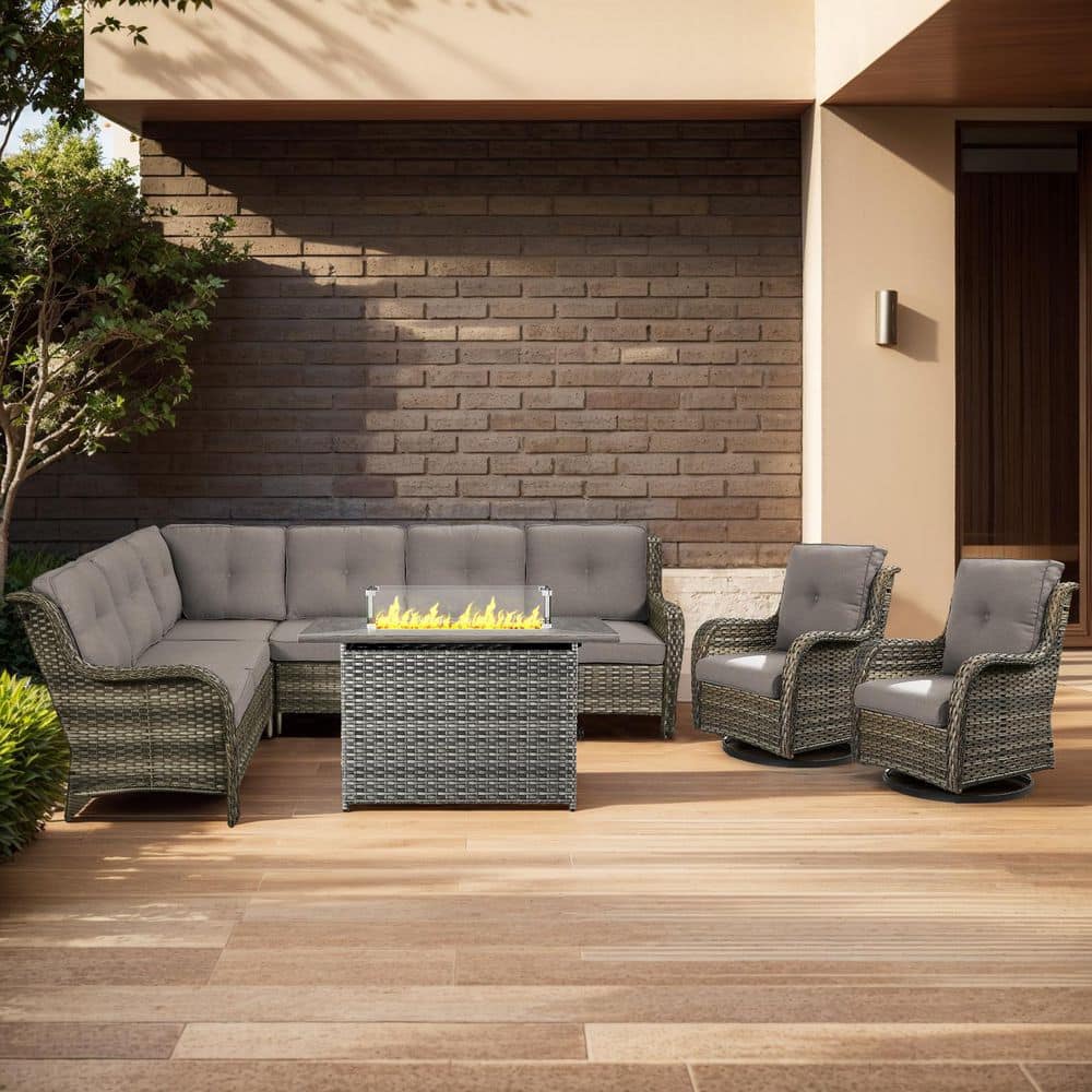 Arcline 5-Piece Gray Wicker Fire Pit Conversation Set with Olefin Gray Cushions L-Shaped Sofa with Patio Swivel Chairs price history on PriceWatchPro