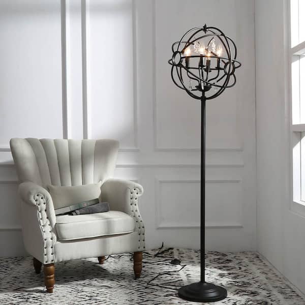 Uolfin Black Crystal Cage Floor Lamp, 61 in. H 4-light Modern Farmhouse Round Metal Cage Living Room Light with Candle Style