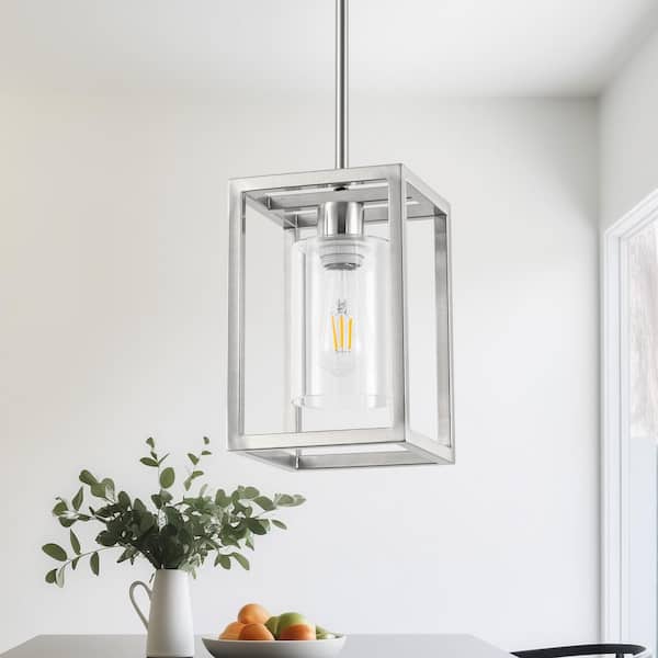 1-Light 10 in. Brushed Nickel Kitchen Island Pendant Light Hanging Fixture Wall Sconce with Clear Glass Shade
