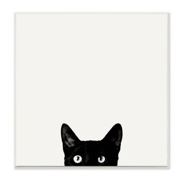 12 in. x 12 in. "Minimal Monochrome Black Cat Peeking From Below" by Jon Bertelli Wood Wall Art