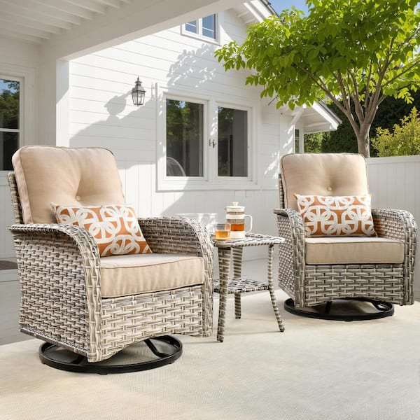 OVIOS Vinceny Gray 3-Piece Wicker Patio Conversation Seating Set with Beige Cushions and Swivel Chairs