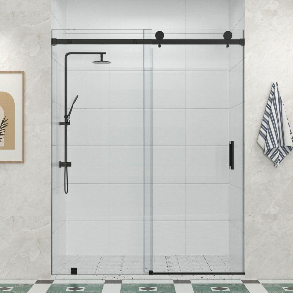Resa 45 to 48 in. W x 76 in. H Frameless Sliding Shower Door in Matte Black with with Towel Bar and 3/8 in. Clear Glass price history on PriceWatchPro